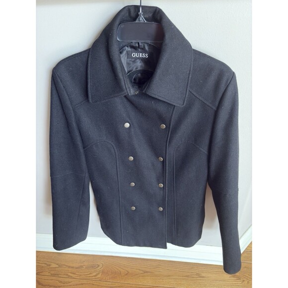 Vintage Guess Womens  SZ LG Pea Coat Double Breasted Black Wool Blend Jacket - Picture 3 of 14